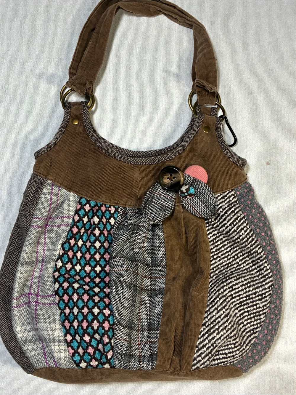 Brown Patchwork Shoulder Bag with Pink & Teal Accents